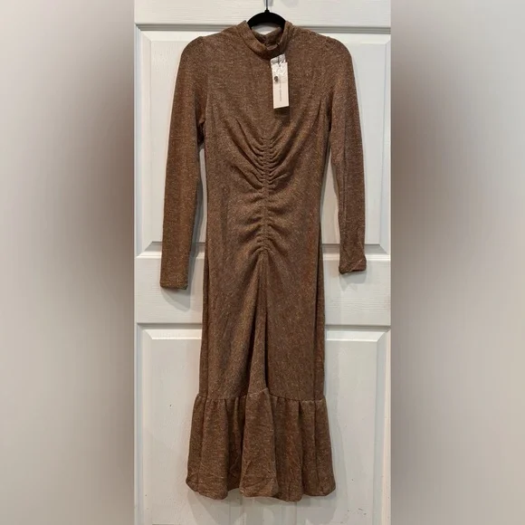 Collective Concepts Dress size Small Brown Metallic Ruched Mock Neck Midi NWT - Picture 2 of 9